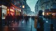 People walking in the city at night. Blurred people on background