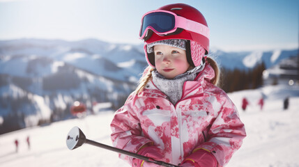 Wall Mural - Portrait of a kid skier in helmet and winter clothes on the background of snow-covered mountain slope