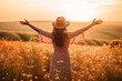 © artsterdam - Happy woman raised her hands up in a beautiful meadow during sunset. Woman enjoying life at sunset in a field with wildflowers. Generative AI