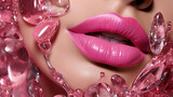 Beautiful pink glossy female lips with precious crystals on the face
