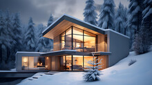The Front Of Modern Exterior Of Luxury Cottage Covered In Deep Snow In Winter Evening