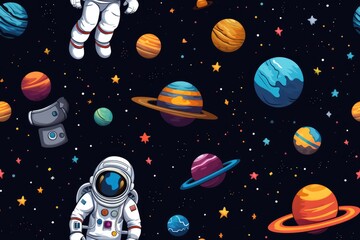 Wall Mural - seamless pattern with astronaut, cartoon planets and stars.
