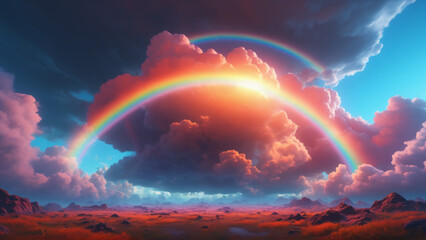 a rainbow over a landscape. intense colours. vibrant and beautiful. lgbtqi theme. acceptance, divers
