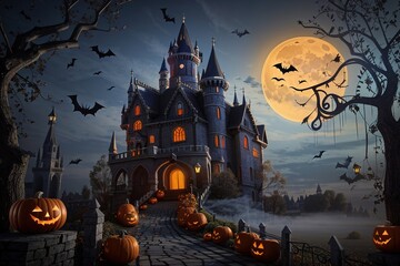 Wall Mural - Halloween dark castle moonlight shining. Generative AI