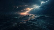 Lightning Over The Sea Ocean. Storm Lightning. A Huge Branched Lightning Strikes The Sea With A Reflection In The Water. Beautiful Landscape. Rainy Weather Forecastю