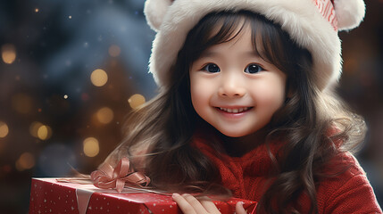 Wall Mural - Portrait of a cute little asian girl with a gift box