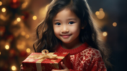 Wall Mural - Portrait of a cute little asian girl with a gift box