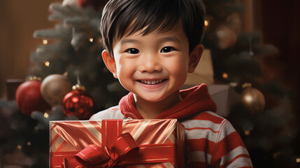 Wall Mural - Portrait of a cute little asian boy with a gift box