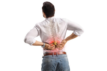 Canvas Print - Rear view shot of a man holding lower back inflamed zone with visible spine bone