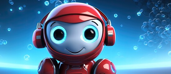 Wall Mural - Adorable red robot boy with bear ears glowing smile and blue screen Customer support chatbot Virtual assistant online consultant with copyspace for text