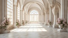 Luxurious Interior With Columns And Large Windows, 3d Rendering