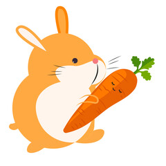 Poster - Cute Hamster holding happy carrot cartoon vector icon and symbol isolated on white background vector illustration