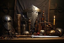 Still Life Of Medieval Weaponry Including Swords, Shields, And A Bow On A Rustic Background