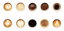 Top View, Set Of Paper Take Away Cups Of Different Black Coffee Isolated On Transparent Background.