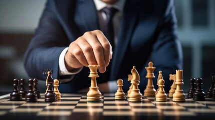 chess battle, victory, success, leader, teamwork, business strategy . business man wear business suit move prepare move king chess pieces, plan strategy lead successful business competition leader.