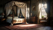© Textures & Patterns - A Victorian-era bedroom with ornate wallpaper, a canopy bed, and antique furnishings
