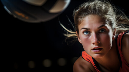 Wall Mural - a female volleyball player executes a powerful spike, her focused determination evident in her expression as she aims to dominate the net and score for her team. 