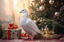 White Dove With Gifts On The Background Of A Christmas Tree