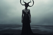 Horror, Fantasy, Sci-fi, Culture And Religion, Make-up Concept. Evil And Demonic Looking Woman With Horns And Make-up Horror And Fantasy Portrait. Dark Moody Background. Generative AI