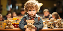 Emotion-filled Image Of An Angry Kindergarten Child Stubbornly Refusing To Share Toys.