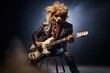 A rocker dog in a black leather jacket plays an electric guitar. Anthropomorphism. Humanised animals concept.