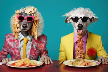 Two dogs in colorful costumes at a table with food. Anthropomorphism. Humanised animals concept.