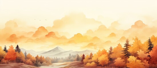 Canvas Print - Vivid artwork depicts autumn forest from above with warm sunset hues with copyspace for text