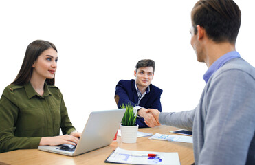 Job applicant having interview. Handshake while job interviewing on a transparent background