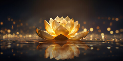 Abstract background with golden lotus flower illuminated at night