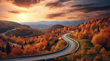 Curved Road On Autumn, Beautiful Curved Pass With Vehicles And Colorful Autumn Nature Colors On Trees With Sunset Light