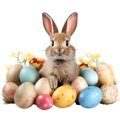 Wall Mural - funny bunny easter with eggs on transparent background