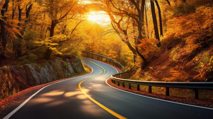 Wall Mural - Curved road on autumn, beautiful curved pass with vehicles and colorful autumn nature colors on trees with sunset light