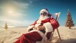 santa claus relaxing on a deckchair in the sun on a desert island, very sunny. generative ai