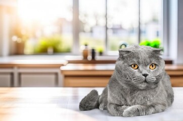 Poster - a cute domestic cat sitting on table, AI generated image