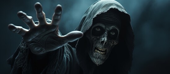 Poster - Grim reaper approaching camera on dark background with space for text with copyspace for text