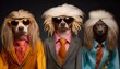 Three dogs in colorful costumes and sunglasses. Anthropomorphism. Humanised animals concept. Generative AI