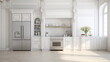 A white kitchen with marble countertops a few cabinets and a large refrigerator