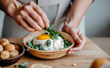 Wall Mural - AI Generation. Close up of hands handling food