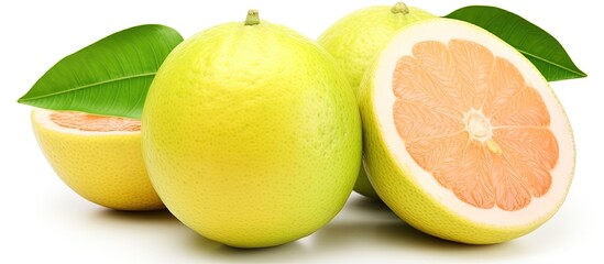 Wall Mural - White background with clipping path displaying fruit such as pomelo Bali lemon and Chinese grapefruit with copyspace for text