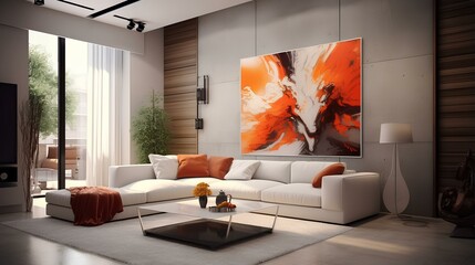 Wall Mural - Modern interior of the living room with sofa, coffee table and panoramic window, with hanging decorative painting. Home decor.