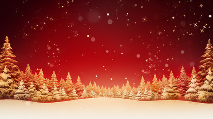 Wall Mural - Red and gold Winter fir tree christmas scene with sunlight. Fir branches covered with snow. Christmas winter blurred background with garland lights, holiday festive background.