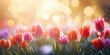 Panoramic shot of vibrant tulips in full bloom with a bokeh background and enchanting backlighting