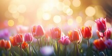 Panoramic Shot Of Vibrant Tulips In Full Bloom With A Bokeh Background And Enchanting Backlighting