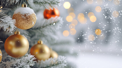 Christmas Tree outdoors with Decorations on with a winters festive snow covered blurred background