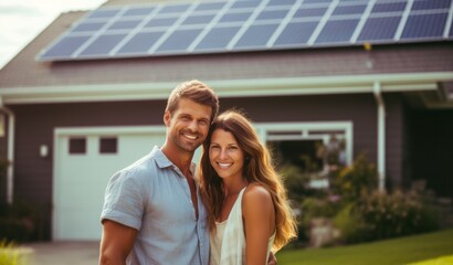 Happy young couple proudly standing in front of their residence showcasing solar panels on the roof