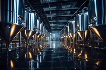 Fermentation mash vats or boiler tanks in a brewery factory. Brewery plant interior. Factory for the production of beer. Modern production of draft drinks. Selective focus.