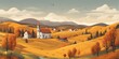 autumn landscape with trees and mountains, Idyll country life. Green hills, blue sky, vector illustration