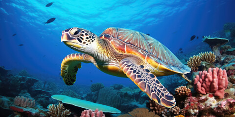 Wall Mural - A large sea turtle sitting on a coral reef in the Red Sea.