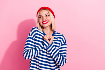 Poster - Photo of pretty nice young hipster girlfriend hands together heart grateful looking empty space admire isolated on pink color background