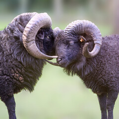 Wall Mural - Close up of two male ouessant sheep head to head